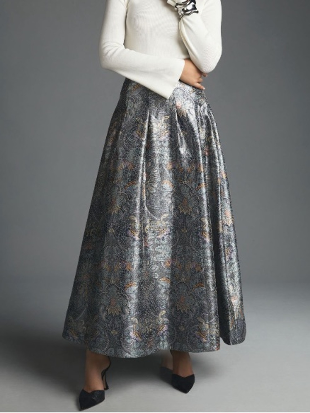 Anthropologie Metallic Jacquard Maxi Ball Skirt in Silver and Muted Gold